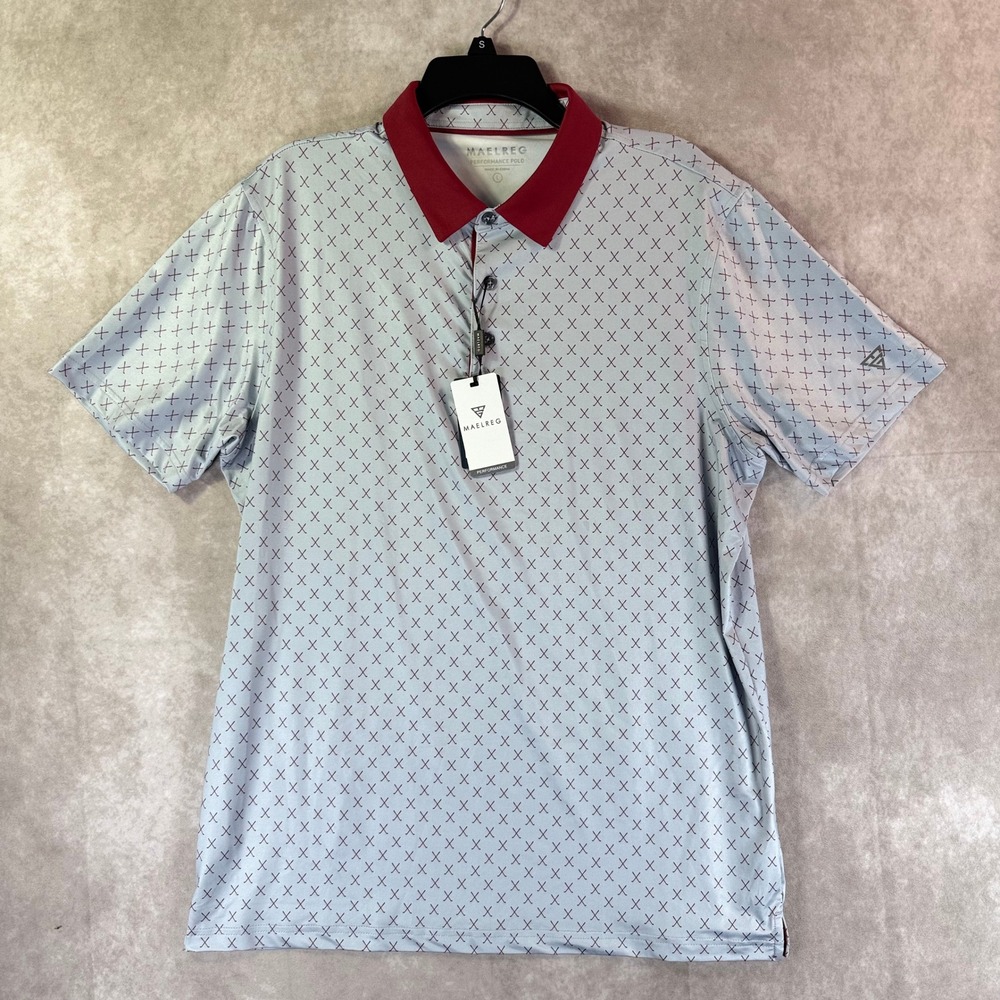Maelreg Performance Polo Men Large Grey Bordo AOP Golf Club Stretch Activewear
